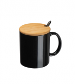 Skodelica z lesenim pokrovom in čajno žličko črna - personaliziran napis